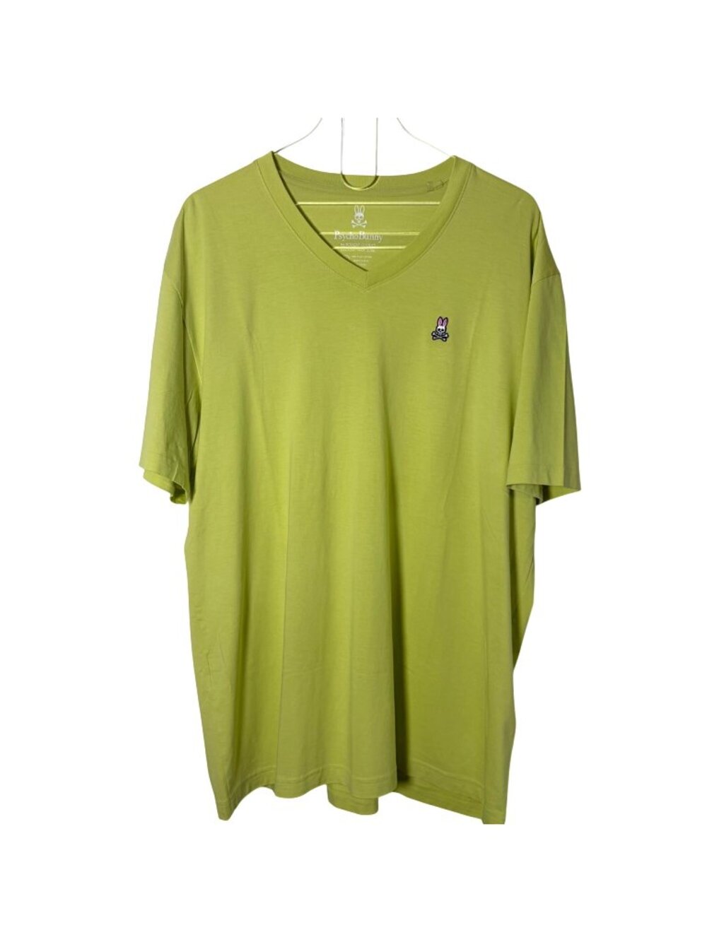 Psycho Bunny Mens Neon Lime Green Embroidered Logo V Neck Tee Sz 7 XL US Cotton